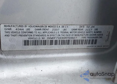 2006 Volkswagen Jetta 2.5 из США, поврежденный, VIN 3VWDF71KX6M769827